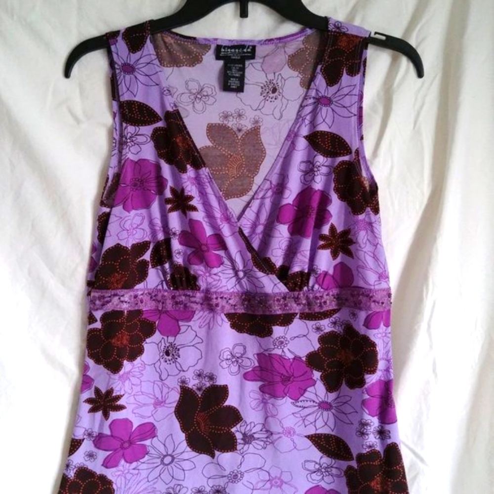 Purple Sleeveless Top w Brown Flowers and Beaded Lace Lightweight Top